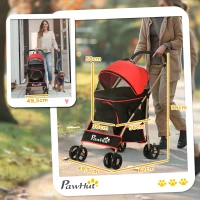 PawHut Passeggino per Cani Convertibile con 2 Guinzagli e Cuscino, in Acciaio e Poliestere, 82x49.5x98 cm, Rosso e Nero(m-3)