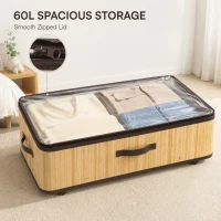 HOMCOM 60L Under Bed Storage with Wheels Pack of 2, Underbed Storage Box with Clear Lid Cover and Reinforced Handle, Natural(m-6)