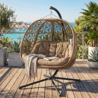 Outsunny Outdoor Double Hanging Chair, Swing Chair with Metal Stand, Thick Padded Cushion, Foldable Basket and Cup Holders, for Indoor and Outdoor, Sand Brown(m-23)