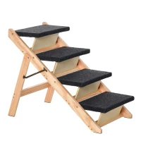 PawHut Escalera de Madera para Perros Plegable 2 en 1 Rampa para Mascotas Portátil con 4 Escalones para Acceso al Sofá y Cama Alta 80x47x64 cm Negro y Natural(m-11)
