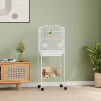 PawHut Jaula para Pájaros con Ruedas Estante Puertas 2 Comederos 2 Perchas Columpio Bandeja Extraíble 46,5x36x124 cm Blanco(m-9)
