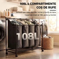 HOMCOM Coș de Rufe din Oțel, 108 L, cu 4 Saci din Poliester, Negru(m-4)