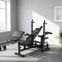 HOMCOM Bancă de Fitness Reglabilă cu Suport pentru Halteră, din Oțel și PU, 210x110x103-123 cm, Negru(m-9)