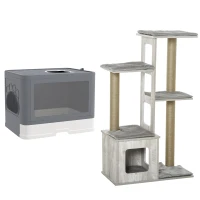 PawHut Conjunto para Gatos com Arranhador para Gatos 114 cm com Múltiplas Plataformas e Caixa de Areia Coberta Cinza(m-7)