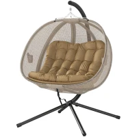 Outsunny Double Hanging Egg Chair 2 Seaters Texteline Swing Hammock Chair with Stand, Cushion and Folding Design, for Indoor and Outdoor, Brown(m-10)