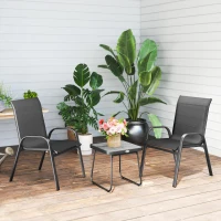 Outsunny 3 Pieces Outdoor Bistro Set - Patio Stackable Armchairs with Breathable Mesh Fabric and SPC Board Coffee Table, Black(m-8)