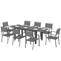 Outsunny Set da Esterno 9pz con Tavolo Allungabile e 8 Sedie Impilabili, in Alluminio e Legno Composito Grigio(m-11)