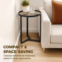 HOMCOM Round Side Table with Tempered Glass Top and Geometric Metal Frame for Small Space, Black(m-6)
