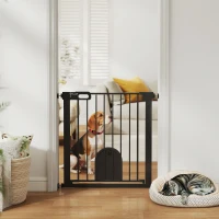 PawHut Dog Gate with Cat Flap Pet Safety Gate Barrier, Stair Pressure Fit, Auto Close, Double Locking, for Doorways, Hallways, 75-82 cm Black(m-10)