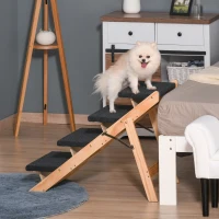 PawHut Escalera de Madera para Perros Plegable 2 en 1 Rampa para Mascotas Portátil con 4 Escalones para Acceso al Sofá y Cama Alta 80x47x64 cm Negro y Natural(m-10)