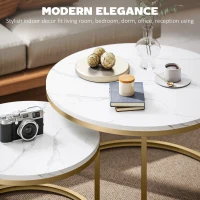 HOMCOM 2 Pcs Stacking Coffee Table Set Nesting Tables with Steel Frame for Living Room Marble White/Gold(m-4)