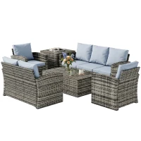 Outsunny Set da Esterno 6 Pezzi con 2 Tavolini Contenitore, 2 Divani e 2 Poltrone, in Rattan e Acciaio, Grigio(m-11)