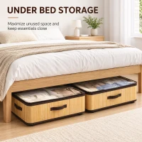 HOMCOM 60L Under Bed Storage with Wheels Pack of 2, Underbed Storage Box with Clear Lid Cover and Reinforced Handle, Natural(m-8)