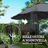 Outsunny Ombrellone Doppio a 12 Stecche con Manovella, Base a Croce e Sacchi, in Metallo e Poliestere, 3x1.5 m, Grigio Scuro(m-8)