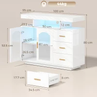 HOMCOM High Gloss Sideboard with LED Lights, Built-in Power Outlets, 3 Drawers, Shelves and 2 Acrylic Doors, White(m-3)