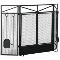 HOMCOM 3 Panel Folding Fire Guard Screen with Fireplace Tool Sets and Front Doors, Freestanding Fire Screen Spark Guard with Feet for Open Fire, Log Burner, Fireplace, 122 x77 cm, Black(m-10)