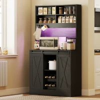 HOMCOM Bufet Înalt de Bucătărie Stil Rustic cu 2 Dulapuri, Suport pentru Sticle, Prize de Încărcare și Lumini LED, Negru(m-2)