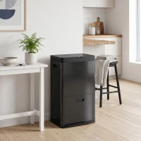 HOMCOM Rechteckiger Pedal-Mülleimer, Küchenabfalleimer 56L, 3 Fächer, Soft-Close, Edelstahl, 45,7x35,8x76cm Schwarz(m-5)