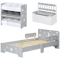 ZONEKIZ 3PCs Kids Furniture Bedroom Set with Bed, Toy Box Bench, Storage Unit with Baskets, Star and Moon Patterns, for 3-6 Years Old Boys Girls, Grey(m-10)