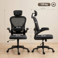 HOMCOM Chaise de Bureau Ergonomique, Fauteuil de Bureau en Maille avec Appui-Tête et Soutien Lombaire Réglables, Noir(m-3)