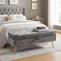 HOMCOM Storage Ottoman, Chenille Upholstered Ottoman Storage Box with Padded Seat, Metal Legs, 114 x 41 x 45 cm, Grey(m-14)