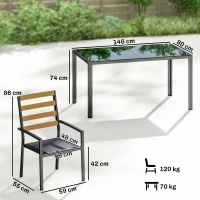 Outsunny Set Masă și Scaune de Grădină 7 Piese, Set pentru Prânz în Aer Liber cu Masă Dreptunghiulară din Sticlă Securizată, 6 Scaune, Perne, Cadru din Oțel Zincat pentru Terasă Balcon, Negru(m-3)