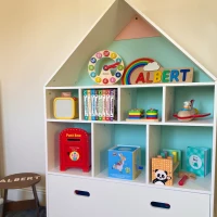 HOMCOM Libreria Scaffale Portagiochi per Cameretta Bimbi e Ragazzi con Mensole a Cubi Bianca, Due Colori Cambiati, Azzurra e Rosa 82x30x126cm(m-8)