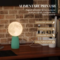 HOMCOM Lampă de Masă în Formă de Lună cu 3 Culori și 10 Niveluri de Luminozitate, din ABS, Ø15x28 cm, Alb și Verde Închis(m-6)