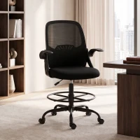 HOMCOM Scaun de Birou Ergonomic din Plasă, cu Suport Lombar și Suport pentru Picioare Reglabil, Cotiere Rabatabile, Negru(m-2)