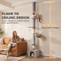 PawHut Floor to Ceiling Cat Tree, 230-250cm Multi-Level Cat Tower with Adjustable Height, Scratching Posts, Condo, Platforms(m-4)