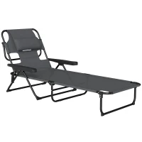 Outsunny Espreguiçadeira Dobrável Encosto Ajustável Orifício de Leitura Almofada de Apoio e Braços Carga 120 kg 145x72x89 cm Cinzento Escuro(m-1)