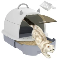 PawHut Kattenbak met deksel – Kattenbak met schep, ladebodem en anti-lekrooster voor katten tot 5 kg – 40,5 x 52 x 39 cm – Grijs(m-11)