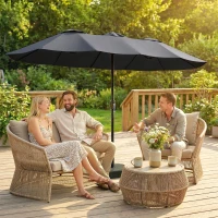 Outsunny Ombrellone Doppio a 12 Stecche con Manovella, Base a Croce e Sacchi, in Metallo e Poliestere, 3x1.5 m, Grigio Scuro(m-2)