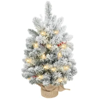 HOMCOM Mini Árvore de Natal Artificial com 35 Luzes LED 60 cm com 72 Ramos com Neve Pinhas Bagas e Base de Saco de Juta Ø37x60 cm Verde(m-11)
