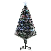 HOMCOM 4ft Artificial Prelit Christmas Tree, Snow Xmas Tree with Colourful LED Lighting Fiber Optics, Green White(m-1)
