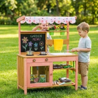 AIYAPLAY Kids Mud Kitchen with Canopy, Outdoor Wooden Play Kitchen with Planter Box, Accessories for Age 3-6, Pink(m-10)