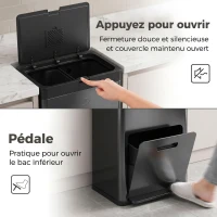 HOMCOM Poubelle Rectangulaire à Pédale, Poubelle Cuisine 56L, 3 Compartiments, Fermeture Douce, Acier Inox, 45,7x35,8x76cm Noir(m-7)