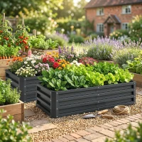 Outsunny Set of 2 Raised Beds for Garden, Galvanised Outdoor Planters for Herbs Vegetables, Use for Patio Balcony, Grey(m-7)