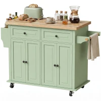HOMCOM Rolling Kitchen Island Storage Trolley with Rubber Wood Top & Drawers for Dining Room, Light Green(m-15)