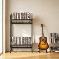 HOMCOM Organizator CD-uri pentru 50 CD-uri, Organizator Viniluri 2 Niveluri din Metal pentru DVD-uri, Cărți, Albume, Negru(m-9)