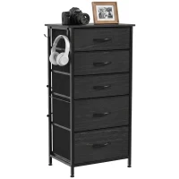 HOMCOM Chest of Drawers, Dresser with 5 Fabric Drawers, Tall Storage Unit with 4 Pockets and 2 Hooks, Steel Frame, Black(m-13)