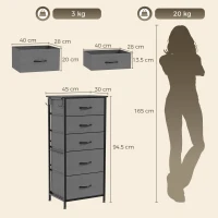 HOMCOM Chest of Drawers, Dresser with 5 Fabric Drawers, Tall Storage Unit with 4 Pockets and 2 Hooks Steel Frame, Charcoal Grey(m-3)