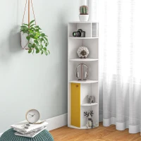 HOMCOM Scaffale Angolare da Parete in Legno Bianco, Mobile Libreria con 5 Ripiani e Armadietto Giallo, Design Moderno, 29.8x29.9x147cm(m-10)