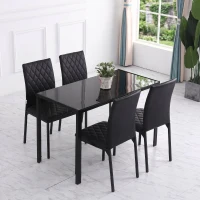 HOMCOM Set de 4 scaune pentru dining din piele sintetică cu cusături romboidale și picioare din metal, negru(m-9)