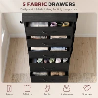 HOMCOM Chest of Drawers, Dresser with 5 Fabric Drawers, Tall Storage Unit with 4 Pockets and 2 Hooks, Steel Frame, Black(m-4)