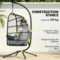 Outsunny Fauteuil Œuf Suspendu Pliable avec Support Coussin 15cm et Appui-tête Gain de Place Résine Tressée 101x105x196cm Gris(m-4)