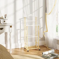 HOMCOM Valet de chambre à roulettes, portant à vêtements en bambou avec cintre intégré, tiges à pantalons et étagère, naturel(m-2)