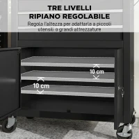 HOMCOM Carrello Porta Attrezzi in Acciaio con Piano di Lavoro, 3 Cassetti, Armadio, Pannelli Forati, Ruote, Nero(m-5)