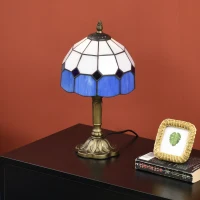 HOMCOM Handmade Stained Glass Table Lamp, Antique Bedside Lamp for Bedroom, Living room, Home, Nightstand, Decorative Night Light, Blue(m-7)