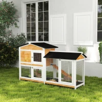 PawHut 2 Tier Rabbit Hutch with No-leak Plastic Trays Wooden Guinea Pig Hutch with Run, Yellow(m-11)